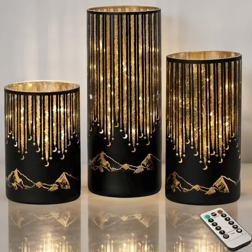 Starry Night Elegant Hurricane Candleholders with LED Flickering Lights & Remote Timer, Decorative Glass Hurricanes for Indoor Table Centerpieces & Year-Round Home Decor, Set of 3 (Black) by Ashroder