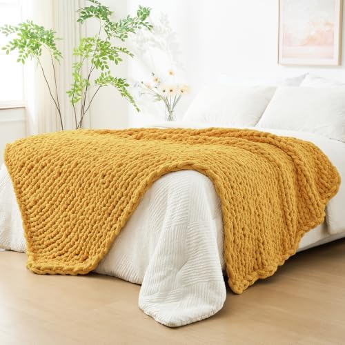 Bigacogo Chunky Knit Throw Blanket for Couch, 51x63 inches, Mustard Yellow by Bigacogo