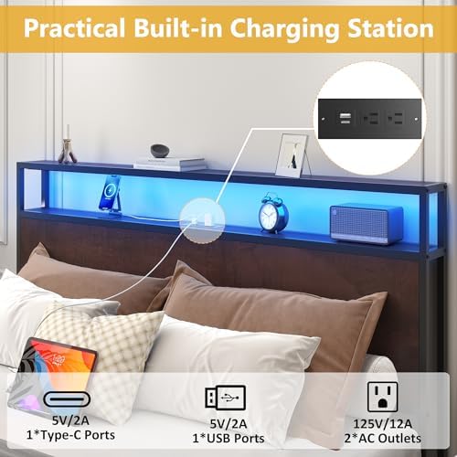 Lifezone Full Bed Frame with 2-Tier Storage Headboard, Metal Platform Bed Frame with 4 Storage Drawers, Built in Charging Station & LED, Noise-Free/Metal Support/No Box Spring Needed, Coffee Brown - Image 5