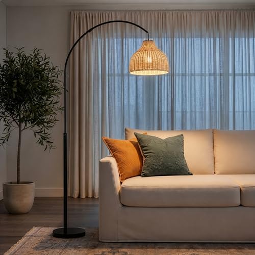 Brightech Lark Standing LED Floor Lamp for Bedroom, Living Room, Office - Modern Tall Corner Arc Lamp with Boho Hanging Rattan Shade - Bright Bedside Reading Light - Black - Image 7