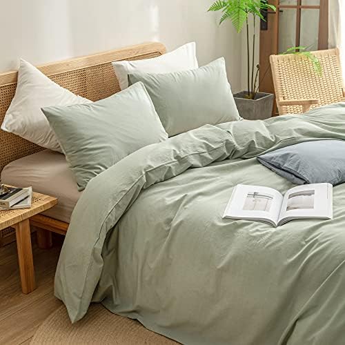 BESTOUCH Cotton Solid Duvet Cover Set Linen Feel Sage Green Queen - Image 2
