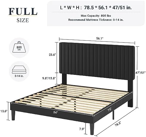 Allewie Full Bed Frame, Velvet Upholstered Platform Bed with Vertical Channel Tufted Headboard, Mattress Foundation with Strong Wooden Slats, Box Spring Optional, Easy Assembly, Black - Image 2