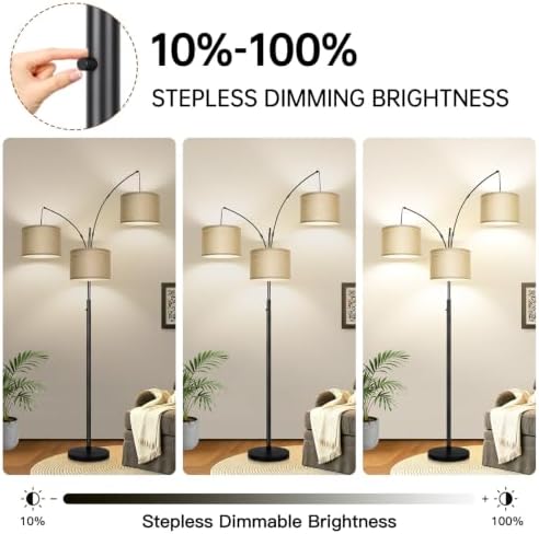Nintiue Dimmable Floor Lamp, 3 Lights Black Arc Floor Lamp, Modern Tall Standing Tree Lamp with Champagne Linen Shades & Heavy Base, 3000LM LED Bulbs, Bright Lighting for Living Room, Bedroom, Office - Image 3