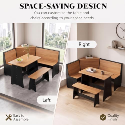 Farmhouse Breakfast Nook Table Set with L-Shaped Bench & Storage, Reversible Seating for 3-4, Easy-Clean Waterproof Laminate, Space-Saving Corner Design (Black + Natural) - Image 4