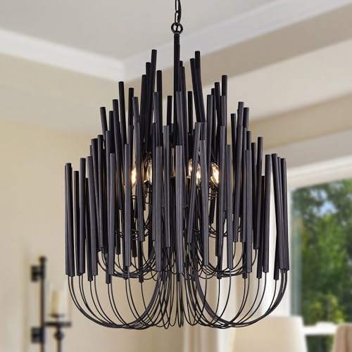 TOCHIC Modern Farmhouse Chandelier for Dining Room 21", Small Vintage Black Wood Chandeliers Light for Living Room, Rustic Pendant Lighting Fixture Ceiling Hanging for Foyer Bedroom Entryway by TochicLightingEnjoytheDifference