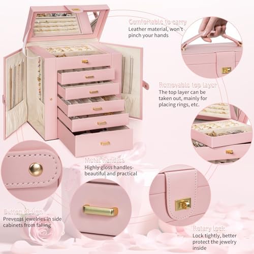 AKOZLIN 6-Tier Jewelry Box Organizer 5 Drawers Storage Extra Large Pink - Image 4