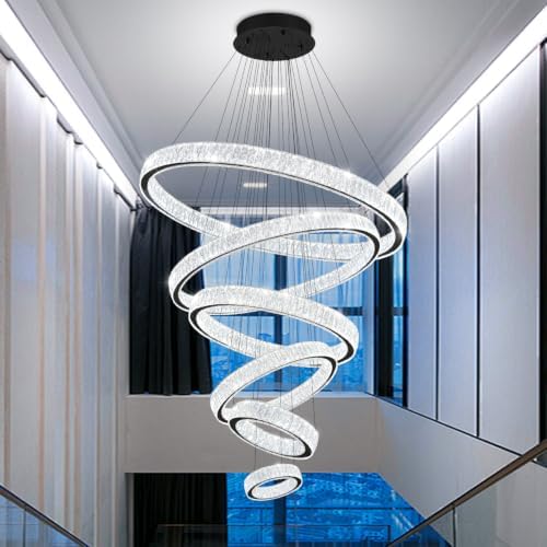 Extra Large 6 Ring Crystal Chandelier Modern LED Long Crystal Chandelier for High Ceiling Height Adjustable Black D8+15.7"+23.6"+31.5"+39.4"+47.5" Dimmable 2700K-6000K by IDEQUY