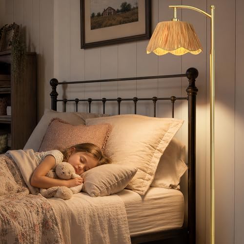 Cinyirong 62.5" Rattan Arc Floor Lamp with 3 Color Temperatures, Boho Hand Woven Shade Standing Floor Lamp, Gold Metal Base Foot Switch Farmhouse Tall Corner Reading Lamp for Living Room Bedroom - Image 4