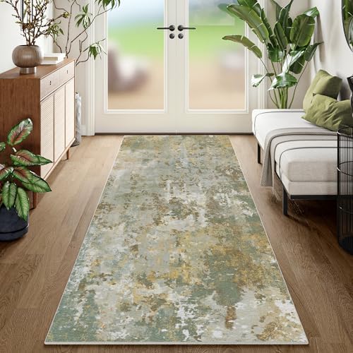 Green Rug Runners for Hallways Kitchen Non Slip Washable 2x6 Entryway Runner Rugs with Rubber Backing 6ft Long Carpet Runner for Laundry Bedroom, Low Pile Stain & Fade Resistant, Abstract Sage Green by Acapet