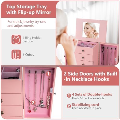 GIANTEX Standing Jewelry Armoire Cabinet with 4 Drawers, Flip Top Mirror, Top Storage Compartments, 2 Side Doors with 8 Necklace Hooks, Freestanding Jewelry Organizer Box Chest (Pink) - Image 4