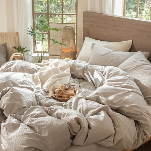 MooMee Wavy Striped Duvet Cover Set 100% Washed Cotton Linen Like Textured Breathable Durable Soft Comfy (Beige, Cal King 104"x98") - Image 5