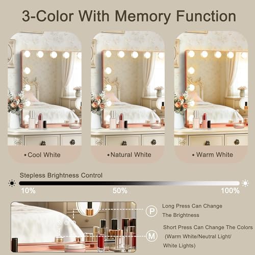 Ratsamee Rose Gold Hollywood Vanity Mirror with Lights, 15 Dimmable Bulbs, 3 Color Lights,Make Up Lighted Mirror, Aluminum Metal Frame, USB Charging Port（23" x 18"） - Image 5