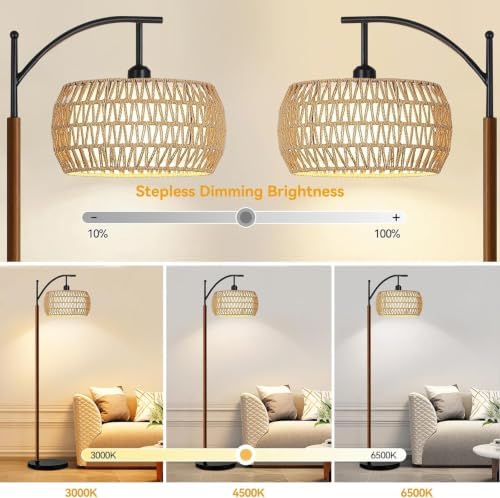ILLMTW Boho Floor Lamp for Living Room,Bedroom,Rattan Standing Lamp with Remote Dimmable,Wood Vintage Mid Century Modern Tall Lamp Wicker Lamp Shade Floor Lights Bohemian Tiffany Style - Image 2