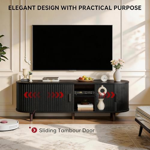 65" Mid Century Modern TV Stand with Power Outlet, Fluted Entertainment Center with Storage and Adjustable Shelves, Wood TV Console with Sliding Doors for Living Room, Black - Image 5