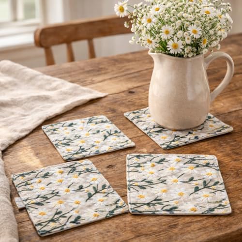 Handmade Daisy Embroidered Coasters Set of 4, 4.3" Cotton Linen Drink Coasters for Wooden Table, Rustic Cottagecore Floral Cup Mats, Decorative Small Vase Mat, Aesthetic Desk Decor & Jewelry Pad - Image 4