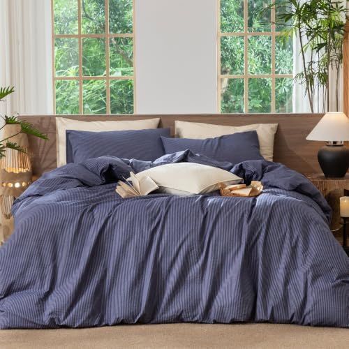 MooMee Striped Duvet Cover Set 100% Washed Cotton Linen Like Queen by MOOMEE
