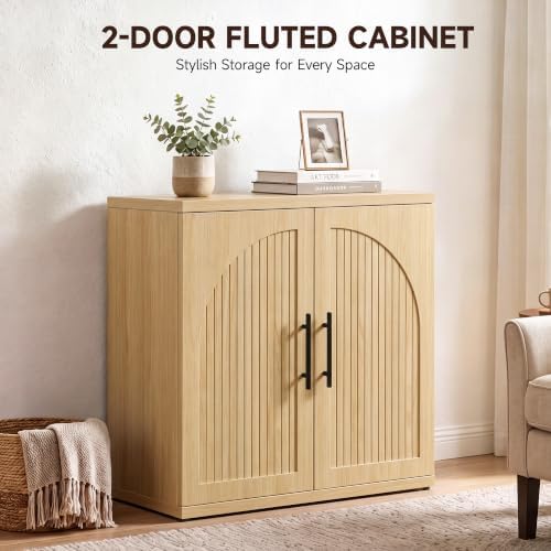 Jocoevol 31.5" Fluted Oak Buffet Cabinet Sideboard with Storage, Small Sideboard Cabinet with 2 Doors, Wood Mid Century Modern Sideboard for Kitchen and Living Room (31.5" W*31.5" H*15.8" D) - Image 5