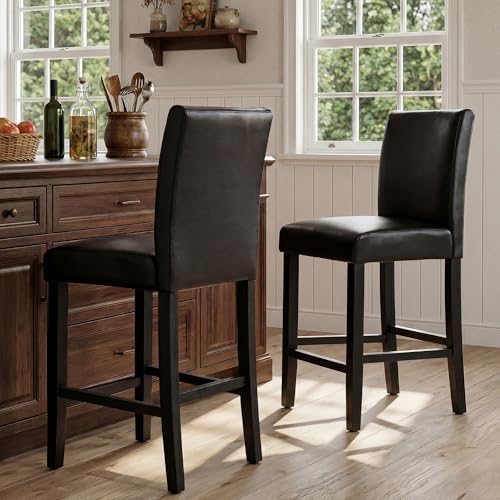 GOTMINSI Set of 2 Classic 24 Inches Counter Height Stools Upholstered Bar Stools with Solid Wood Legs and Black Leather Counter Stool(PU Black) by GOTMINSI