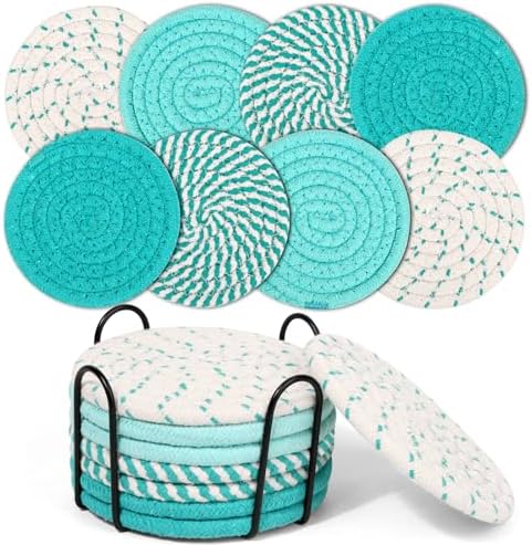 Mckanti 8 Pcs Coasters for Drink with Holder, 4 Colors Absorbent Coasters for Drinks, Minimalist Cotton Woven Coaster Set for Home Decor Tabletop Protection Suitable for Kinds of Cups, 4.3 Inches. by Mckanti