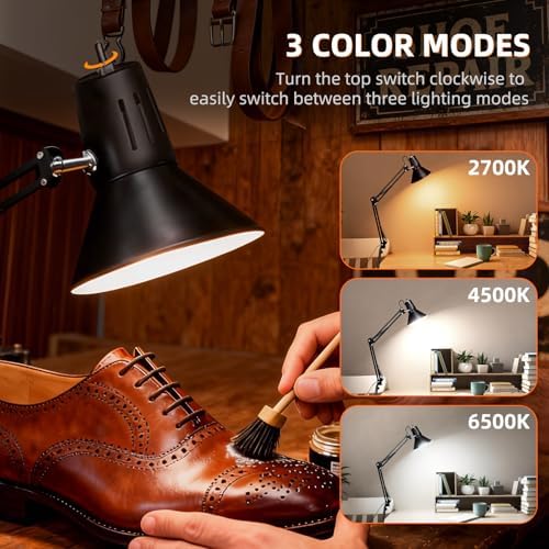 Black Dimmable Desk Lamp with Clamp, Extra-Tall Adjustable Swing Arm - Image 2