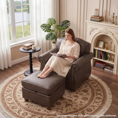 Traditional Faux Leather Chair with Storage Ottoman, 41.3", Dark Brown - Image 3