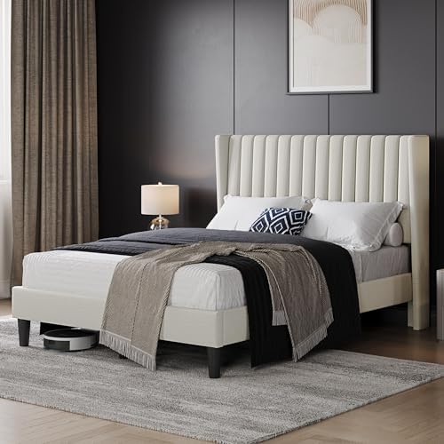 Yaheetech Full Bed Frame with Headboard,Ivory Channel-Tufted Platform - Image 3