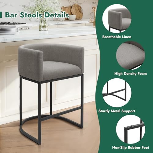 Counter Height Bar Stools Set of 4, 24 Inch Seat Height Barstools for Dining Room, Fabric Upholstered Bar Chair for Kitchen Island, Linen Counter Stools with Metal Legs, Gray - Image 2