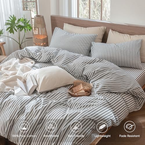MooMee Striped Duvet Cover Set 100% Washed Cotton Linen Like Cal King - Image 4