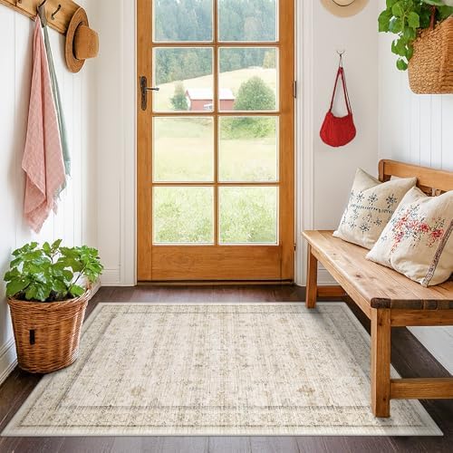 Vintage 3x4 Beige Indoor Rugs for Entryway - Geometric Pattern Washable Non Slip Rug for Kitchen, Bedroom, Laundry Room, Bathroom, Modern Farmhouse Home Décor, Low Pile & Soft Floral Carpet by HazoHaus