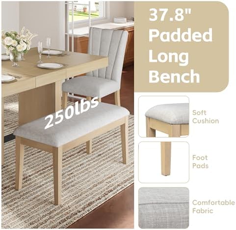 6-Piece Farmhouse Functional Dining Set, Rubber Wood Extendable Dining Table with 4 Upholstered Chairs& Bench, Thick Tabletop and Trestle Legs, Rectangular Dining Room Table Set for 6 (Natural-7.2) - Image 5