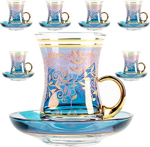 Vintage Turkish Tea Glasses Cups and Saucers Set of 6 Handle Drinkware Drink Bar Fancy Teapots Serving Glassware Drinking Kitchen Women Moroccan Persian Teacups Party Art Deco by Vissmartabringslifetoyourhome