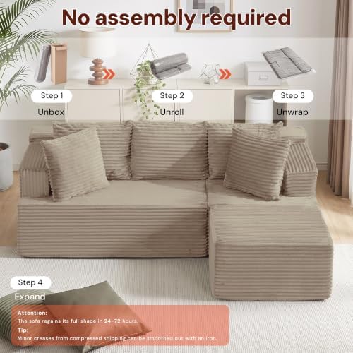 Korser Boneless Couches for Living Room, Cloud Couch Sectional with Ottoman, L-Shaped Sofa with Fluffy Comfy Corduroy Deep Seat, Bedroom, Apartment, No Assembly Required - Image 6