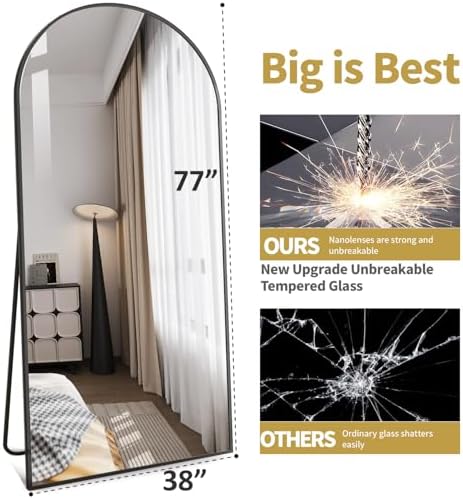 77"x38" Extra Large Arched Full Length Mirror - Standing Floor Mirror with Stand & Wall Mountable, Aluminum Alloy Frame, Shatterproof Glass for Bedroom, Living Room, Entryway, Dressing Room, Black - Image 2
