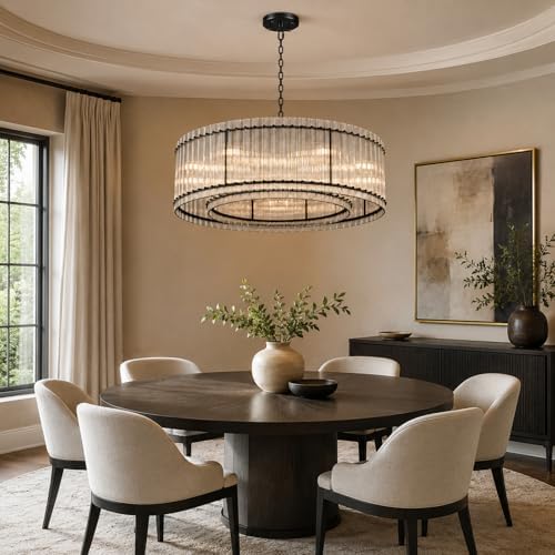48-Inch Ripple Glass Chandelier, 2-Tier 10-Light Large Black Round Chandelier for Dining Rooms, Living Rooms, Foyers, Staircases, Open-Concept Spaces & High Ceiling - Image 5