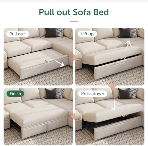 HONBAY Modular Sectional Sleeper Sofa Bed, with Pull Out Bed, Linen Convertible Sectional Couches for Living Room - Beige - Image 4