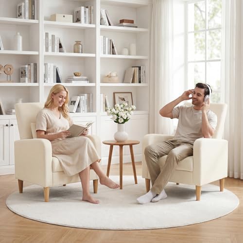 COLAMY Mid-Century Modern Accent Chair, Fabric Upholstered Living Room Chair with Back Pillow & Solid Wood Legs, Comfy Armchair for Living Room, Bedroom, Single Sofa, Beige - Image 3
