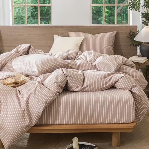 MooMee Striped Duvet Cover Set 100% Washed Cotton Linen Like Full - Image 6