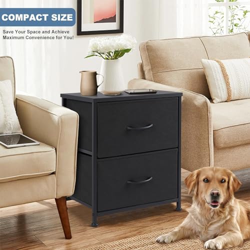 DUMOS Nightstand Set of 2, Small Dresser with 2 Fabric Drawers Side Bedroom End Table Kids Bedside Storage Furniture for 25 inch Tall Night Stand for Closet, Entryway, College Dorm, Classic Black - Image 4
