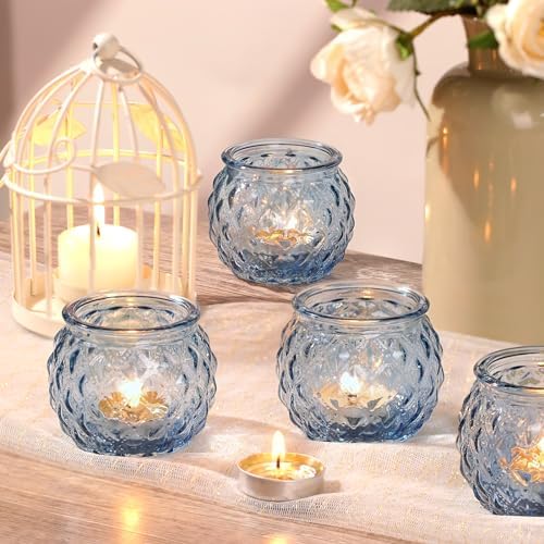 DARJEN Blue Votive Candle Holders Set of 24- Round Glass Candle Holders Bulk for Tea Light Candle, Diamond Texture Candle Votives for Wedding Centerpiece, Party & Home Decor (Pack of 3) - Image 3