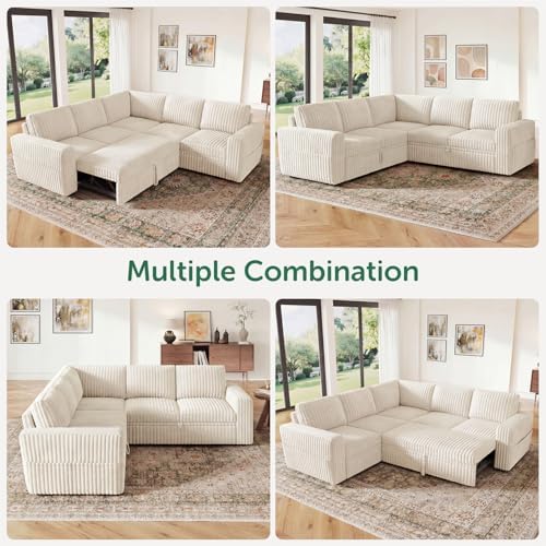 HONBAY Modular Sectional Sleeper Sofa with Pull Out Bed,Corduroy L Shaped Couch with Storage, Sectional Couches for Living Room,Beige - Image 5