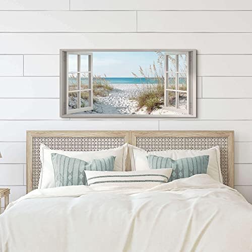 Window Beach Wall Art Prints: Modern Large Tropical Coastal Landscape Canvas Bedroom Blue Ocean Picture Relaxing Living Room Sea Scene Painting Horizontal Summer Seascape Artwork Decor - Image 2