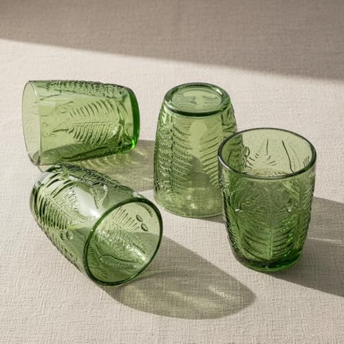 Green Drinking Glasses Set of 4, 10 oz Glass Cups, Vintage Fern Glassware - Image 2