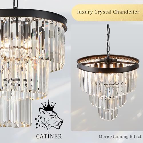 CATINER 16" Modern Crystal Chandeliers,6 Lights Black Round Light Fixture - Image 4