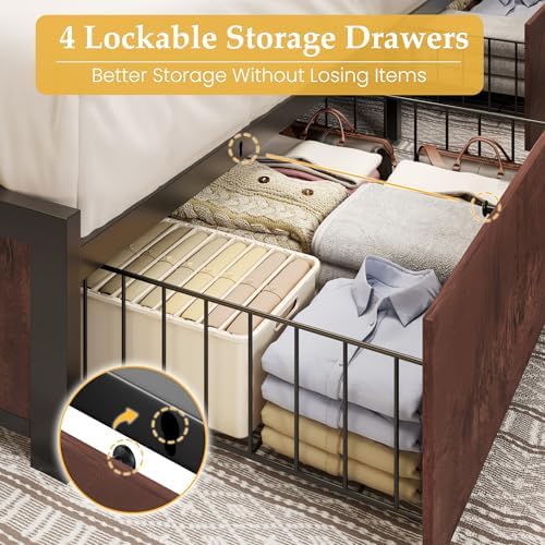 Lifezone King Bed Frame with 2-Tier Storage Headboard, Metal Platform Bed Frame with 4 Storage Drawers, Built in Charging Station & LED, Noise-Free/Metal Support/No Box Spring Needed, Coffee Brown - Image 4