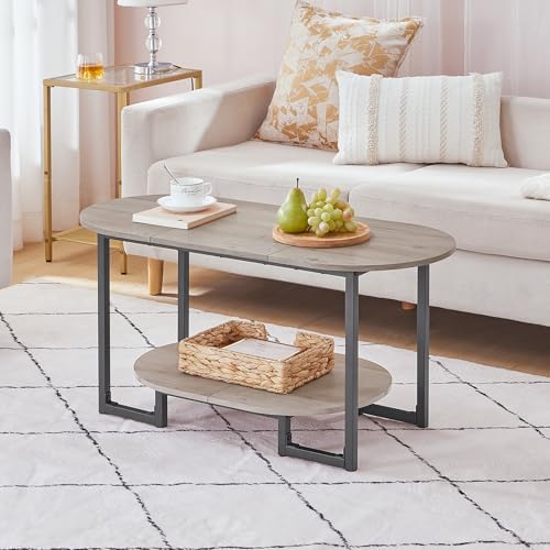 HOOBRO Coffee Table for Living Room, Oval Small Coffee Table with 2-Tier Open Storage Shelf, Industrial Cocktail Tea Table, Wooden Desktop Center Table, Farmhouse, Home Office, Greige BG09KF01 - Image 3