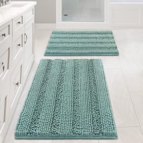 H.VERSAILTEX Bathroom Rugs Non Slip Thick Shaggy Chenille Bathroom Rug Mat Set Extra Soft and Absorbent Striped Floor Rugs, 2 Piece, Machine-Washable, Eggshell Blue by HVERSAILTEX