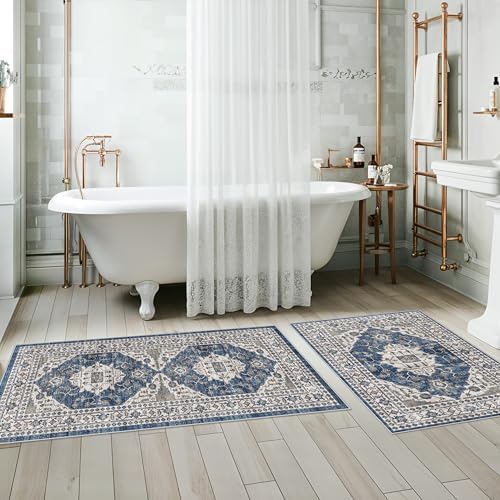 Washable 4-Piece Kitchen Floor Mats: Farmhouse Non-Slip Kitchen Sink Rug Easy Clean Water-Resistant Runners for Hallway Bathroom Soft Decorative Carpet for Pet Feeding Area(2x3+2x4+2x5+2x6,Blue) - Image 6