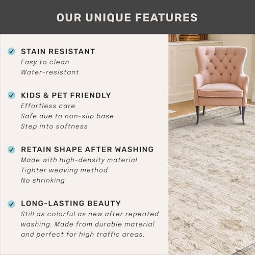 Beige Floral 3X12 Washable Long Hallway Runner Rug, Non-Slip Low-Pile Farmhouse Kitchen Rug, Neutral Vintage Distressed Oriental Carpet, Non-Shedding, Stain & Fade Resistant Home Décor - Image 5