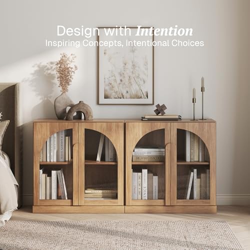 BELLEZE Set of 2 Modern Sideboard Buffet Cabinets (63" Wide) - Large Kitchen Credenza with 4 Arched Glass Doors - Seamless Storage Console Sideboard for Kitchen, Living Room - Camel - Image 3