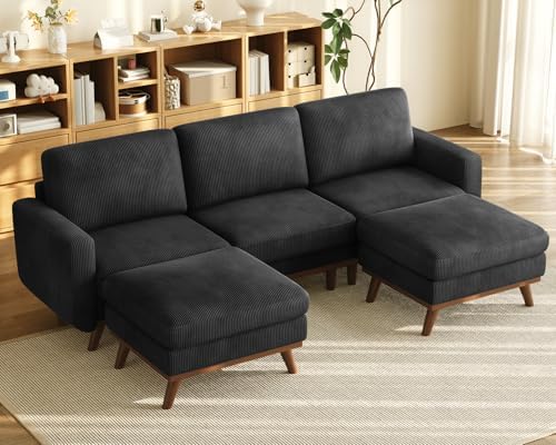 Vesgantti 97" Modular Sectional Sofa Black, U-Shaped Couch with Movable Ottoman, Comfy Corduroy Couch with Spring Cushion, Modular Sofa with Deep Seat for Living Room, Bedroom and Apartment by Vesgantti